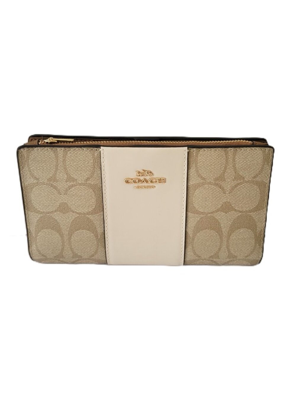 Coach CR928 Slim Zip Signature Leather Stripe Wallet Clutch Light Khaki Chalk